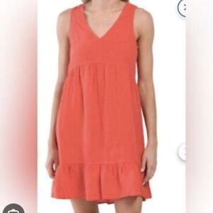 Cynthia Rowley sleeveless v-neck linen dress coral pink knee length ruffles tier